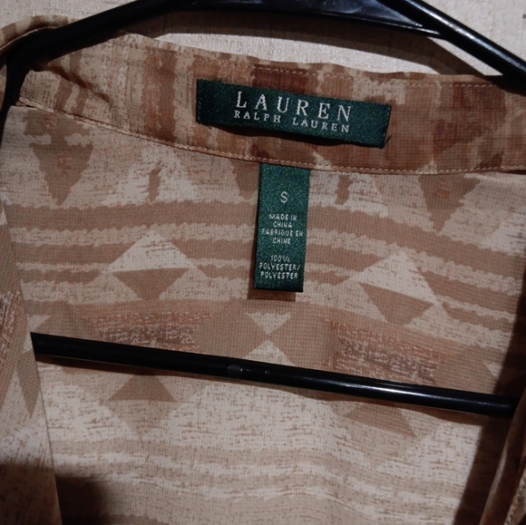 RALPH LAUREN Tan Sand Batik Geometric Georgette Ruffle Wrap Top S - Picture 3 of 5